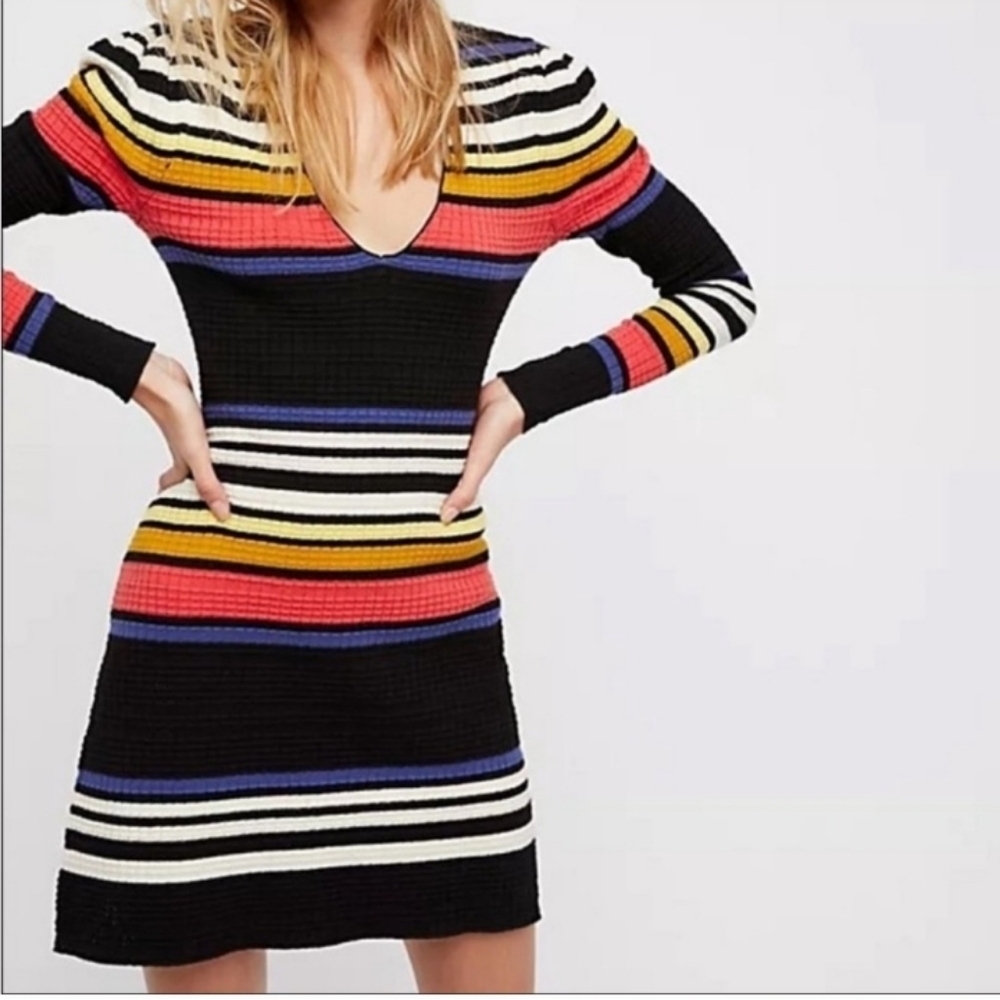 Free People Gidget Puff Sleeve Stripe Sweater Dress Size XS, 17" Ptp, 32" Long